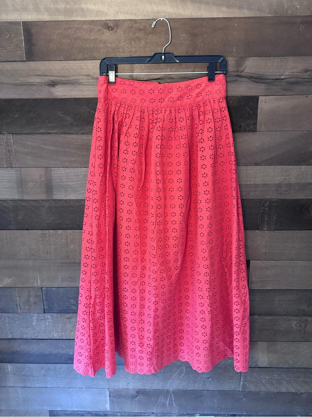 Sezane Eyelet Midi Skirt in Coral Pink